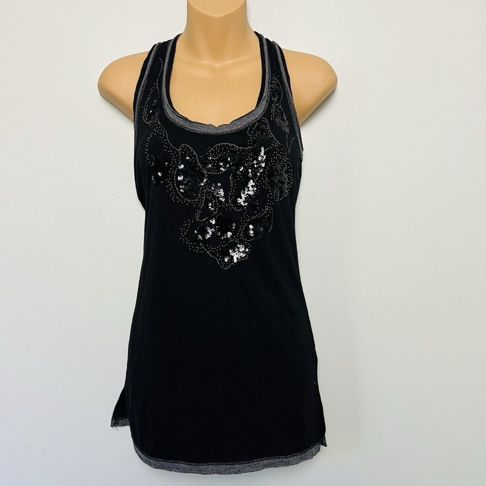 Miss Me Black Beaded Tank Top sz L Twisted Knot Racer Back Whimsigoth Grunge Y2K